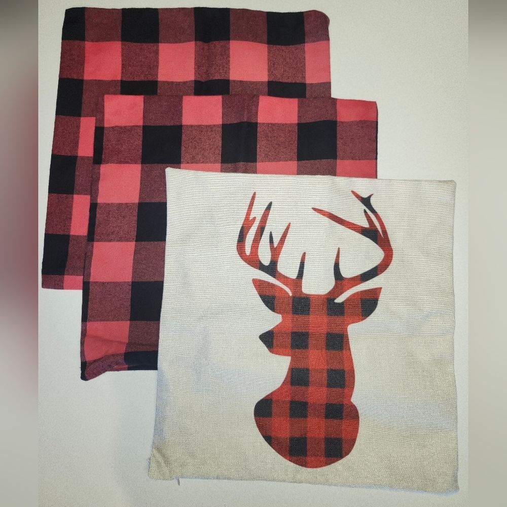 Set Of 3 Red & Black Buffalo Check Pillow Covers, 2 Plain & 1 Reindeer Design